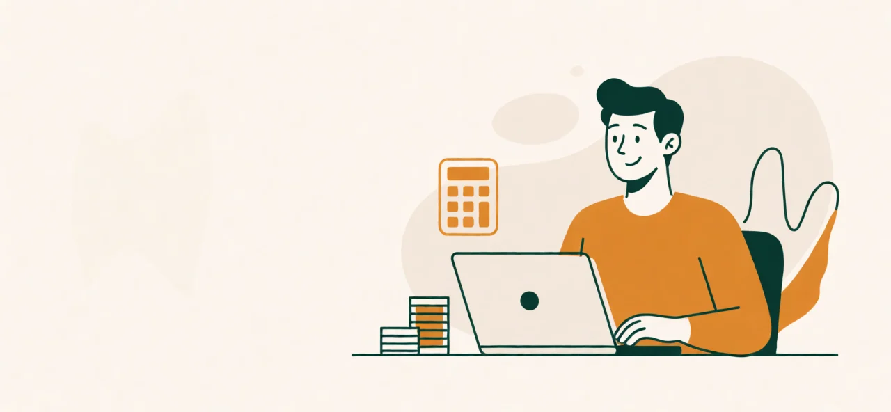 Illustration of a freelancer at a desk with a laptop, calculator and coins